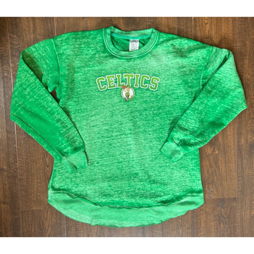 Boston Celtics Womens Green Burnout Acid Wash Sweatshirt High Low Hem Medium